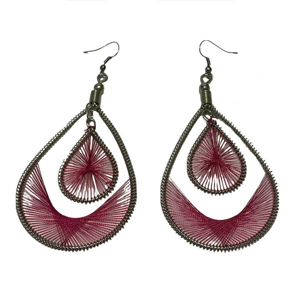 Pink Thread Tear Drop Embroidery Peruvian  Earrings Boho Hippy Ethnic Silver